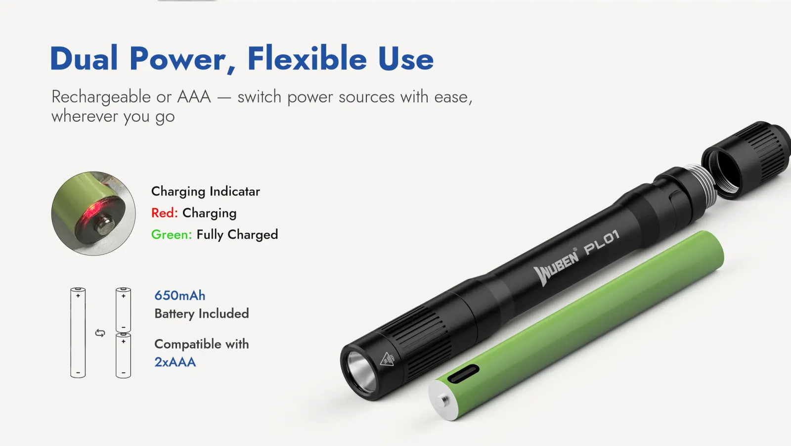 Wuben PL01 penlight disassembled, showing its rechargeable battery and compatibility with AAA batteries for flexible power options.