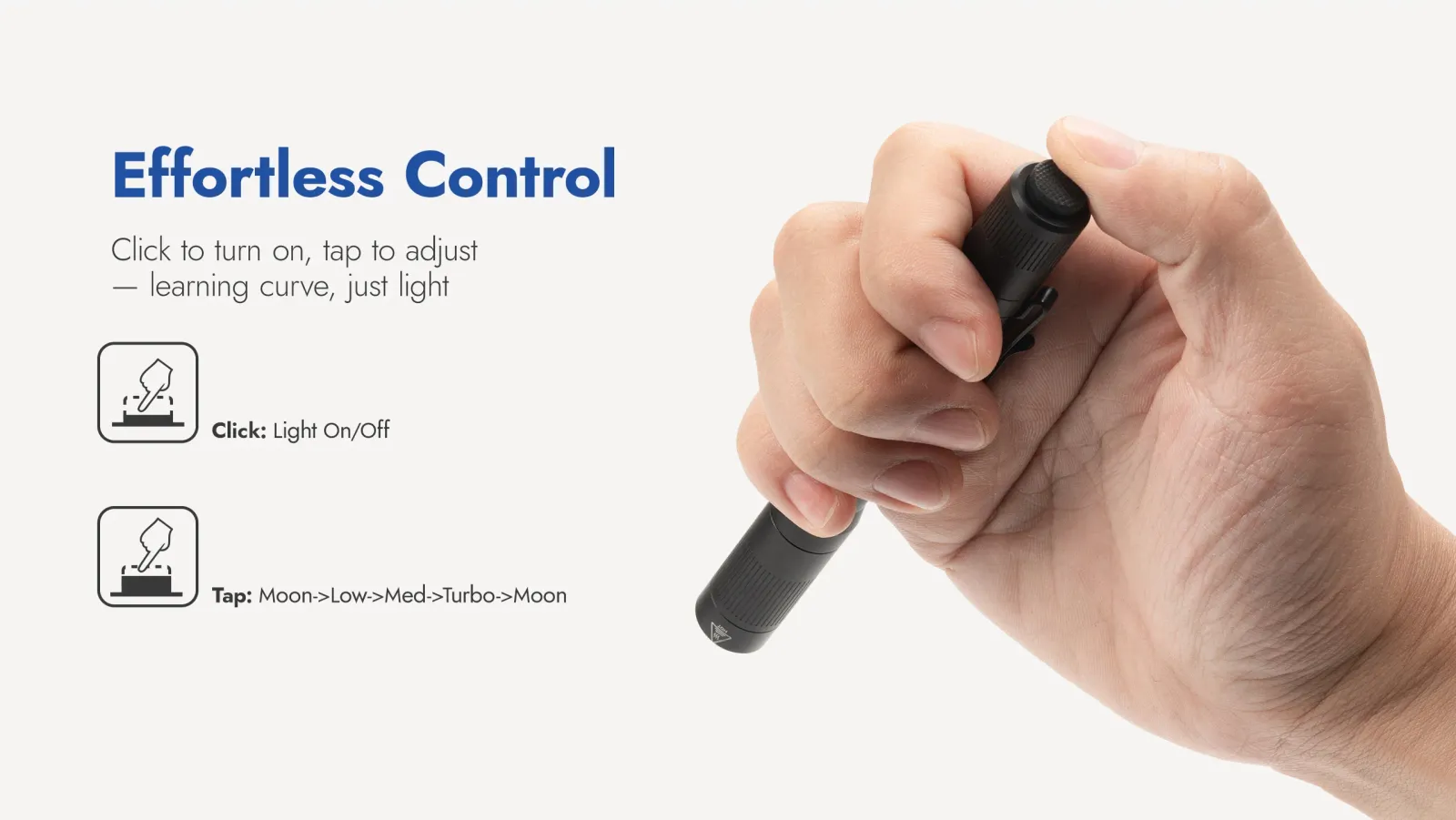 Hand operating the Wuben PL01 penlight's tail switch, demonstrating effortless control for turning on/off and adjusting brightness modes.