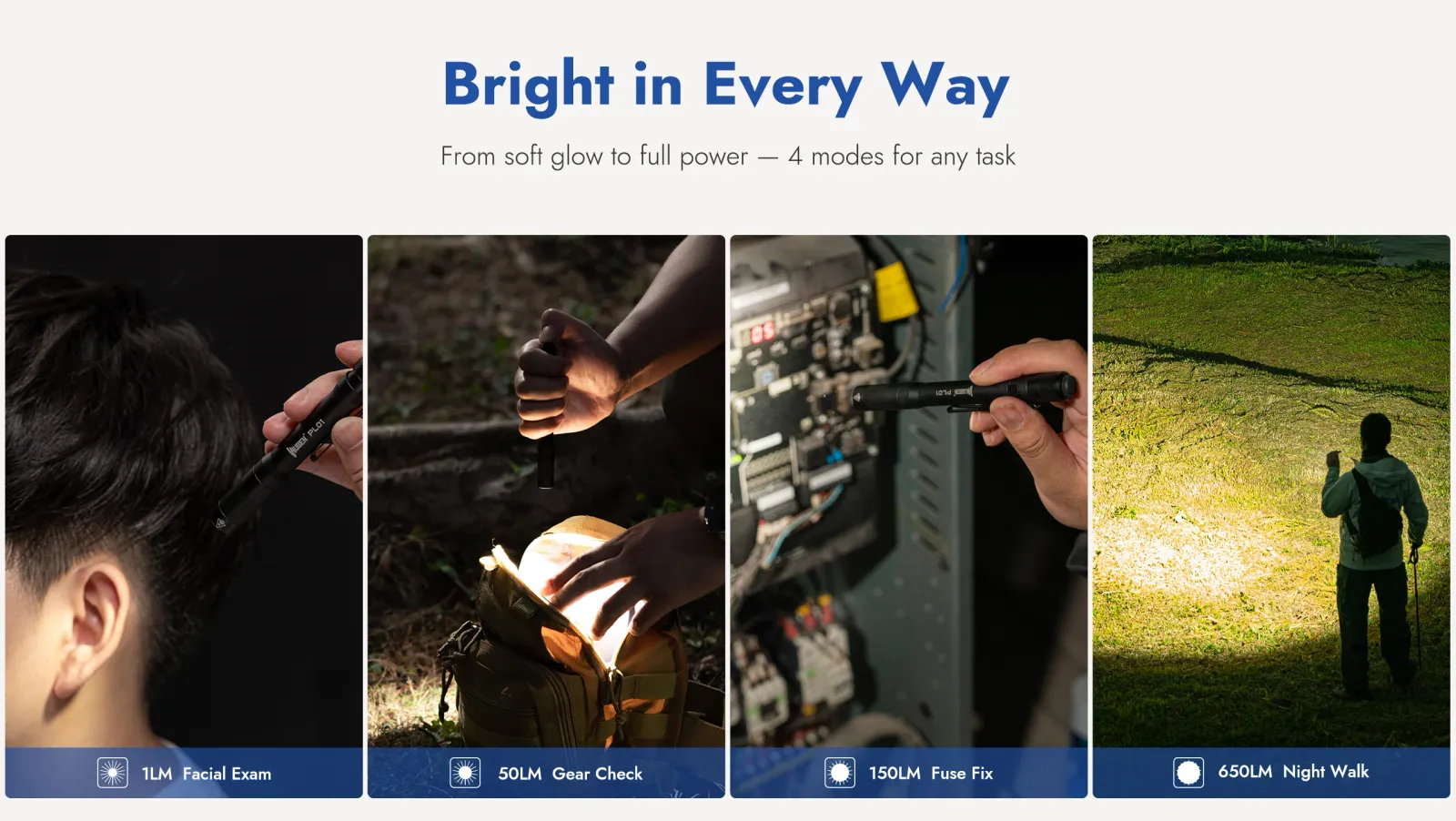 Four images showing the Wuben PL01 penlight in use for facial exam, gear check, fuse fix, and night walk, demonstrating its 4 brightness modes.