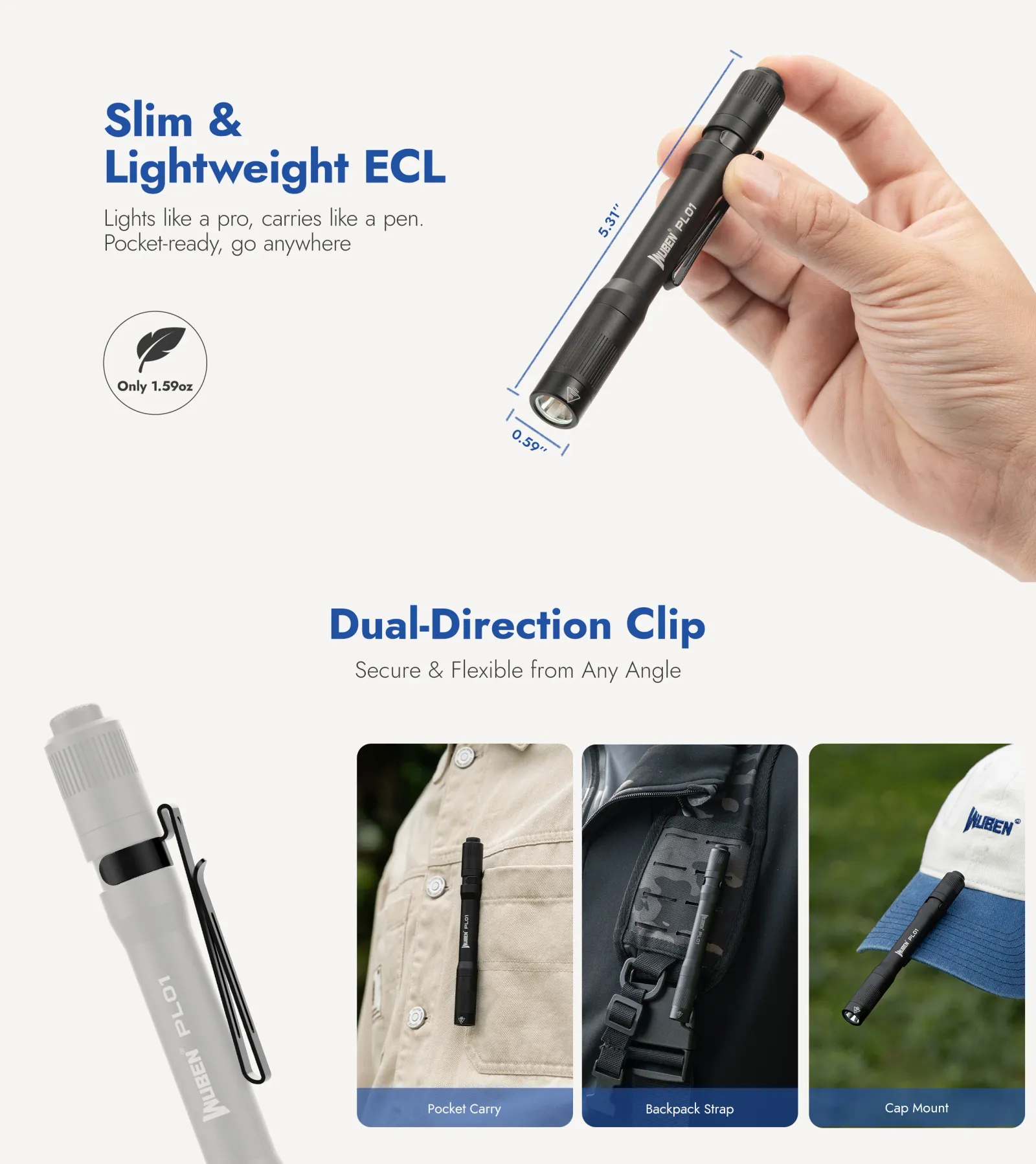 Wuben PL01 penlight held in hand, showing its slim design, lightweight, and versatile dual-direction clip for pocket, backpack, or cap.