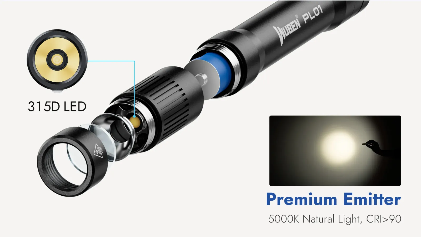 Exploded view of the Wuben PL01 penlight's head, detailing the 315D LED and premium emitter for 5000K natural light with high CRI.