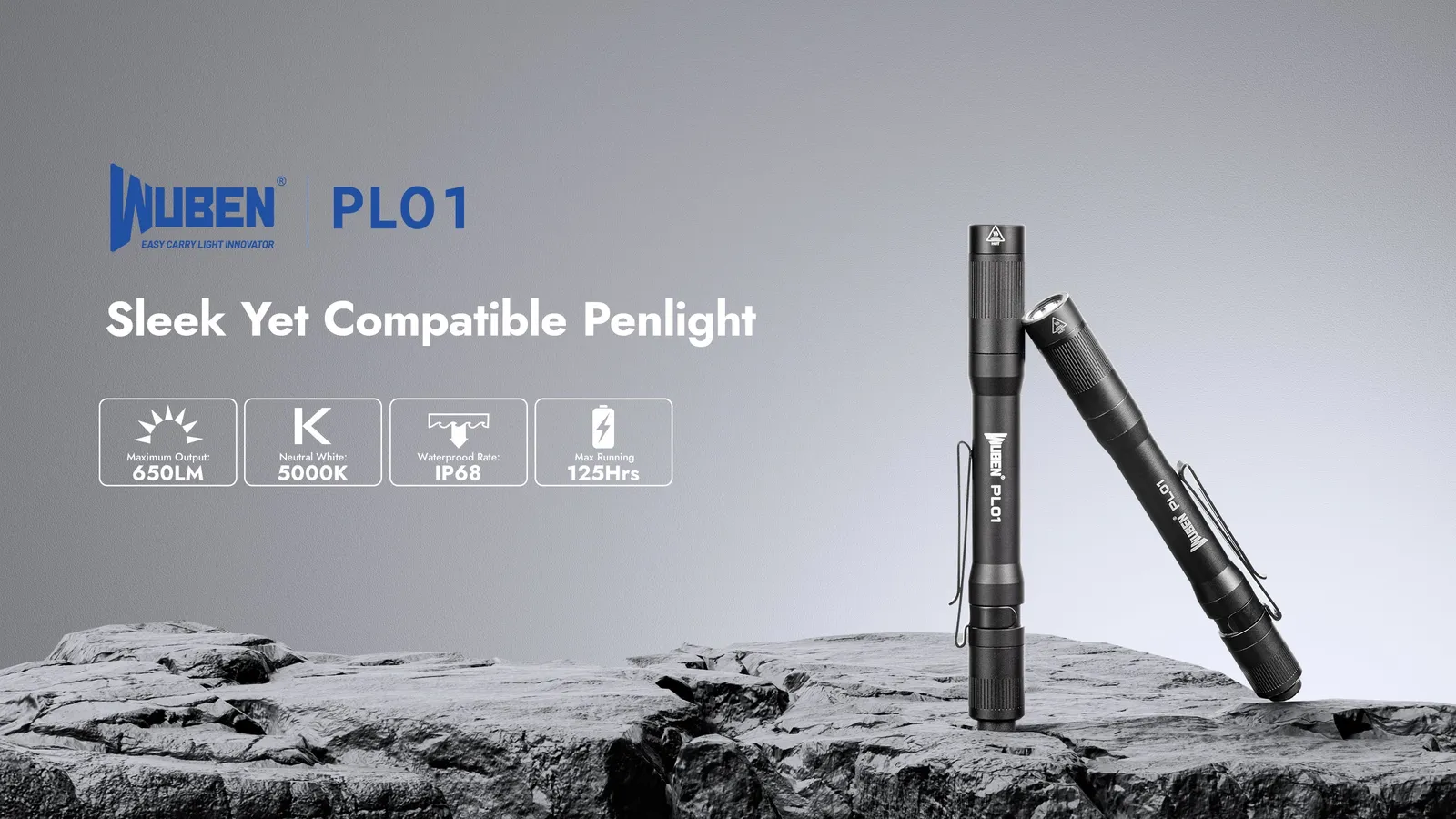 Two Wuben PL01 penlights leaning on rocks, displaying key specifications like 650LM output, 5000K neutral white, IP68 waterproof, and 125 hours runtime.