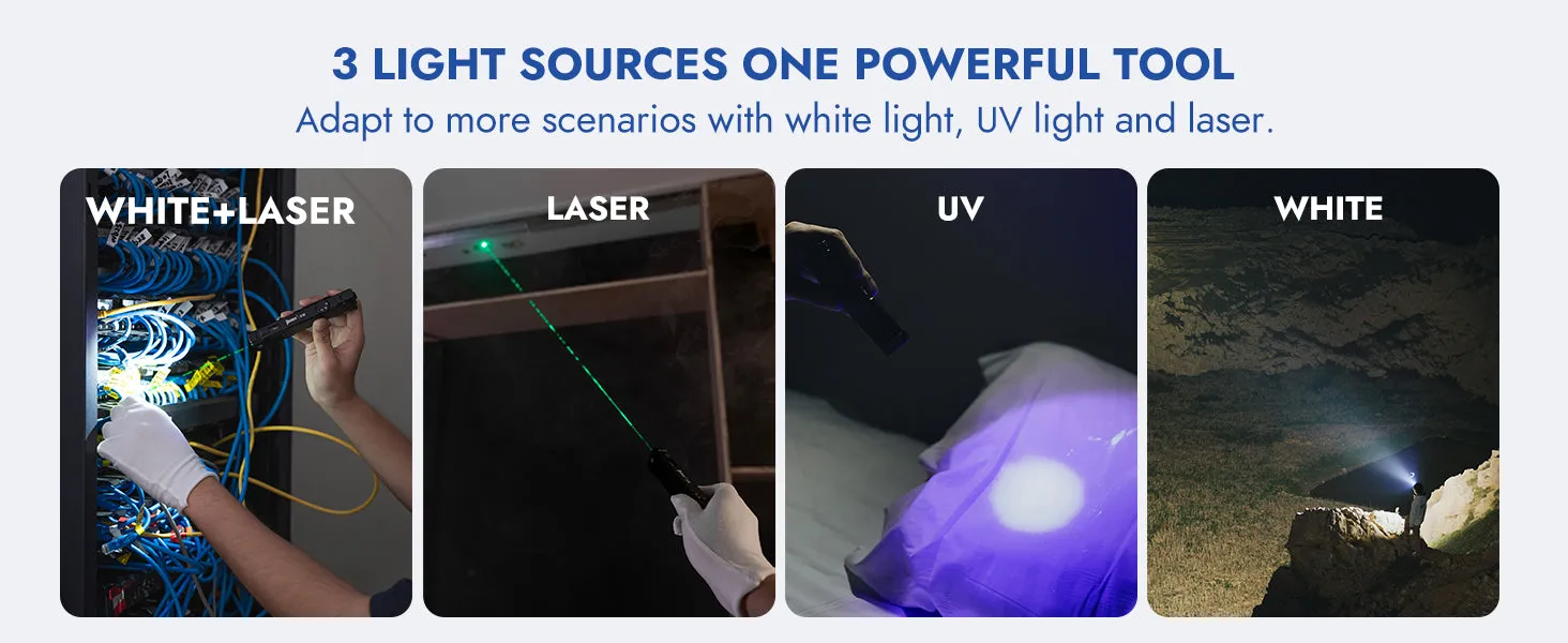 Wuben X5 3-in-1 flashlight demonstrating white light, UV light, and green laser in various use scenarios.