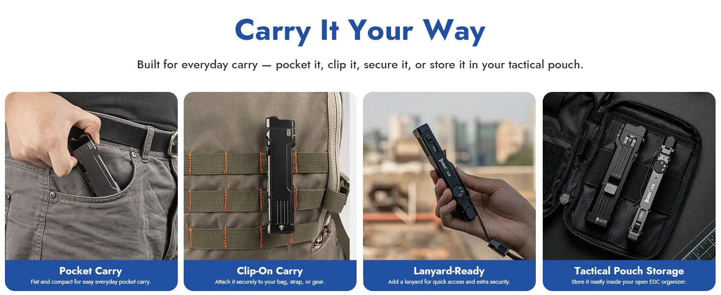 Wuben X5 EDC flashlight shown with multiple carry options: pocket, clip-on, lanyard-ready, and tactical pouch storage.