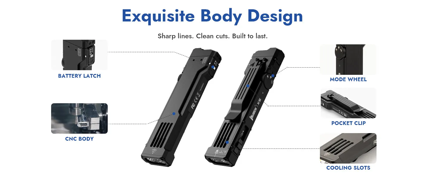 Detailed view of the Wuben X5 flashlight's exquisite body design, showing battery latch, mode wheel, pocket clip, and cooling slots.