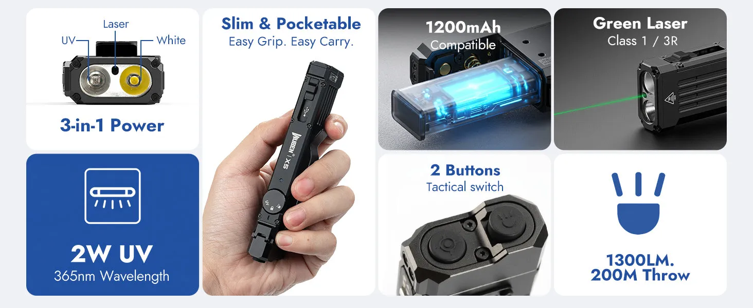 Wuben X5 multi-feature EDC flashlight with 3-in-1 power (white, UV, laser), 1200mAh battery, and 1300 lumens output.