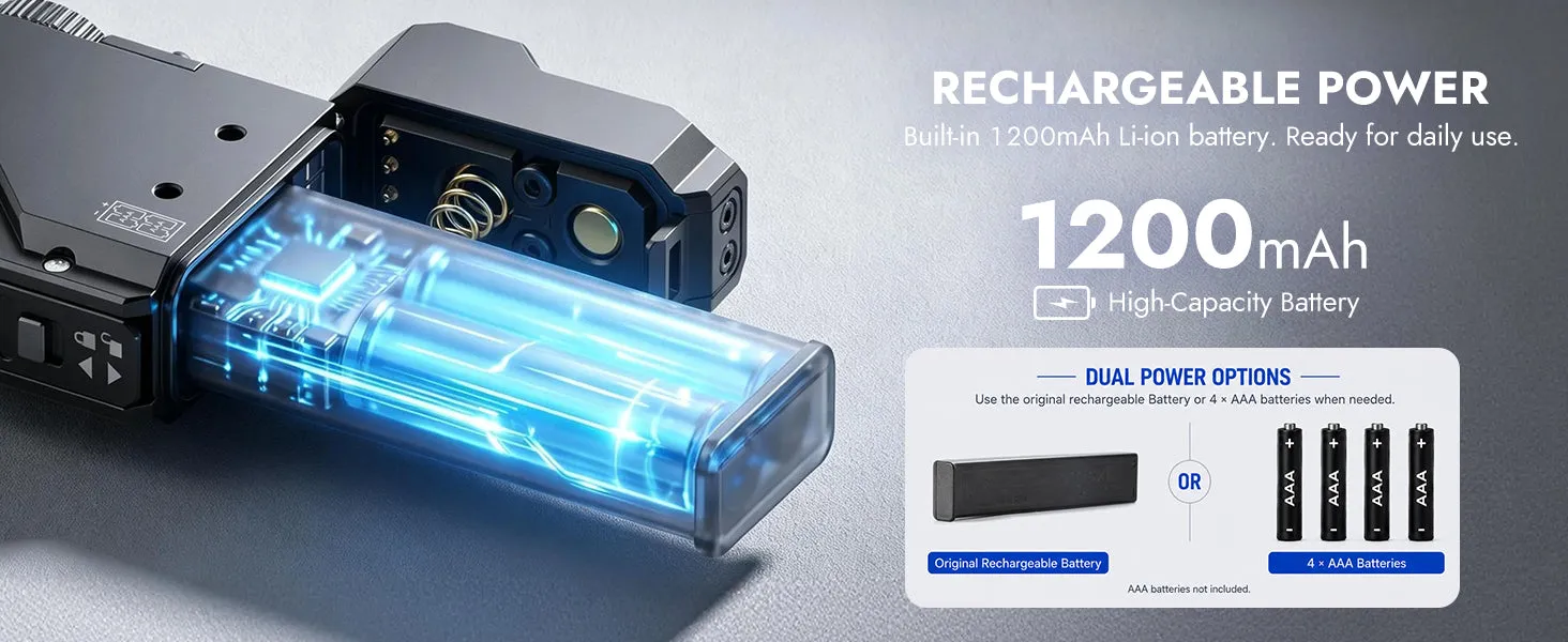 Wuben X5 flashlight's 1200mAh rechargeable battery and dual power options, including 4x AAA batteries.