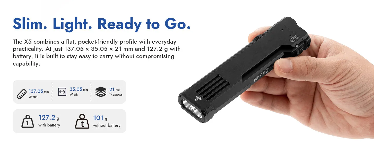 Hand holding the slim, light Wuben X5 EDC flashlight, highlighting its compact dimensions and weight for easy carry.