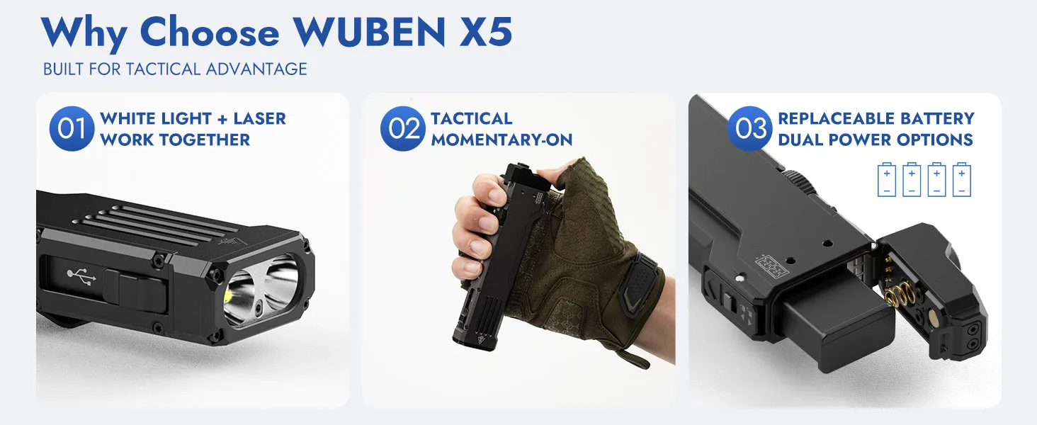 Wuben X5 tactical EDC flashlight features: white light plus laser, momentary-on, and replaceable dual power battery.