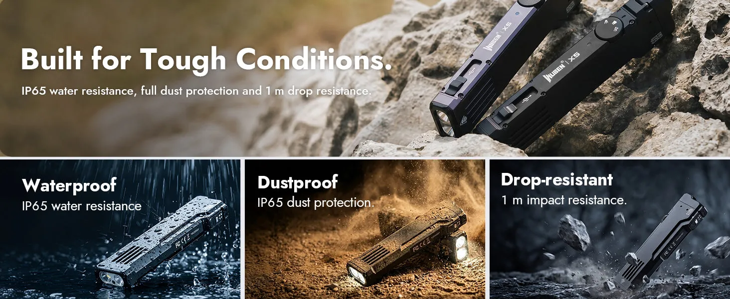 Wuben X5 3-in-1 EDC flashlight shown as waterproof, dustproof, and drop-resistant in tough outdoor conditions.