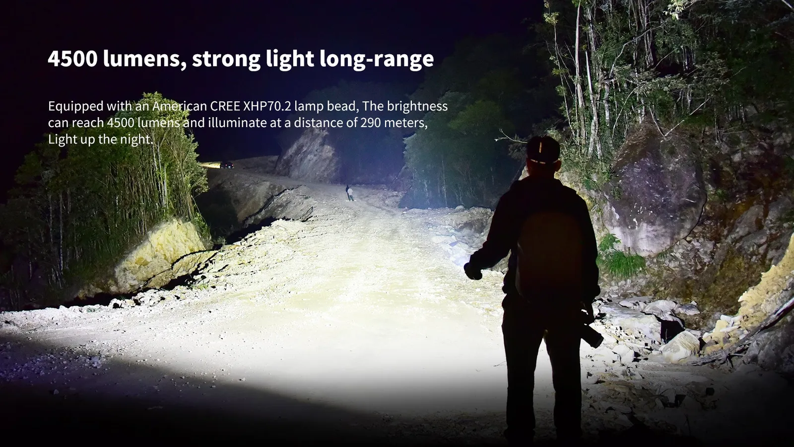 Wubenlight A22 4500 lumen flashlight illuminating a long dirt road at night, demonstrating its powerful long-range beam.