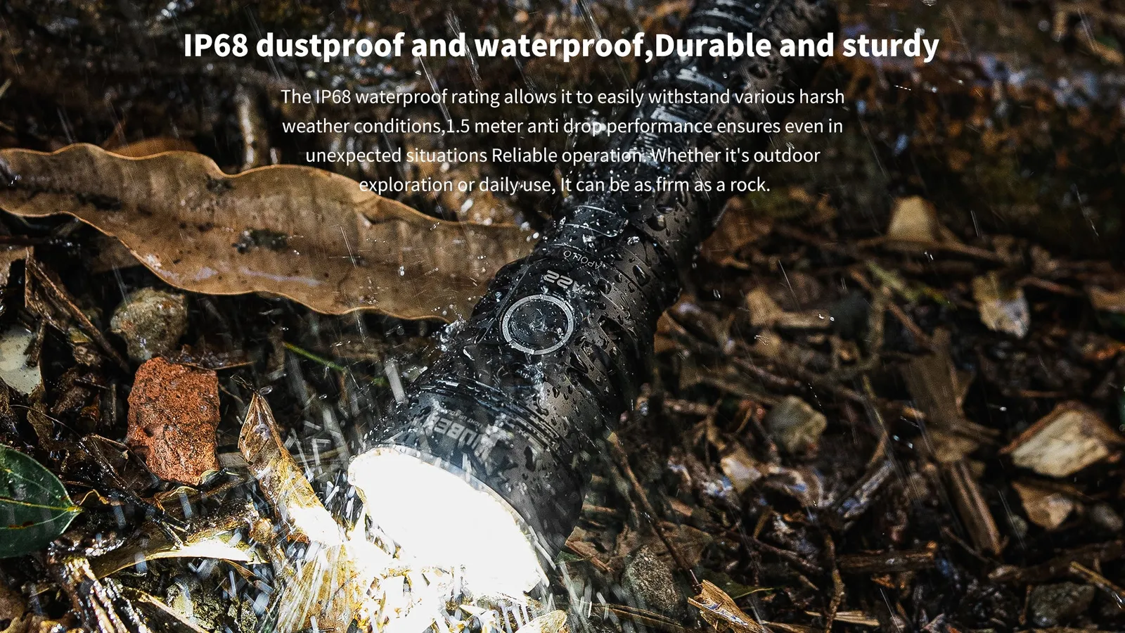 Wubenlight A22 flashlight on wet, muddy ground, demonstrating its IP68 dustproof and waterproof durability in harsh conditions.