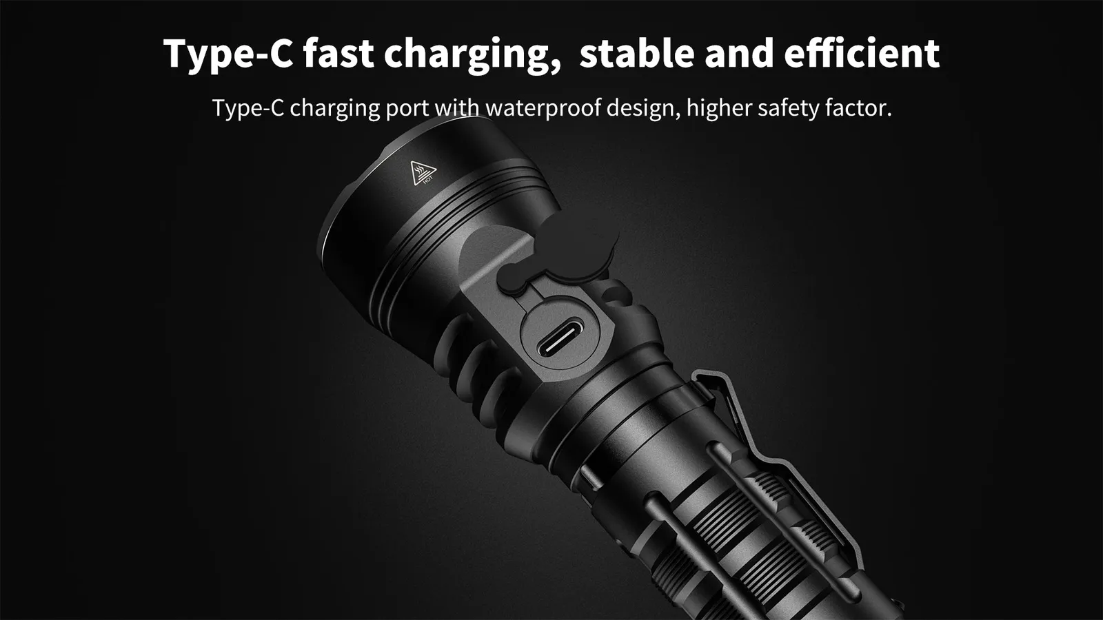 Close-up of the Wubenlight A22 flashlight's Type-C fast charging port with a waterproof cover for stable and efficient charging.