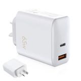 65W GaN USB-C Charger 1C and 1A Dual Port AU Plug, SAA Certified