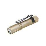 Acebeam Pokelit AA - Compact AA EDC Torch in tan/gold, shown at an angle with its black pocket clip.