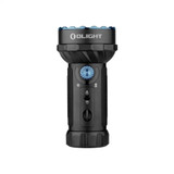 Olight Marauder Mini 7000 lumen RGB LED dual spot and flood torch standing upright, front view.