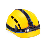 Skilhunt HB3 Headband for mini torches and right angle headlamp with a mini torch attached to a yellow hard hat.