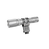 Fenix ALG-15 tactical rail mount shown with a flashlight attached, demonstrating its secure mounting capability.