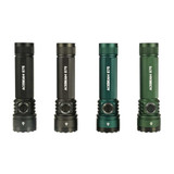 Four ACEBEAM E75 flashlights in black, grey, teal, and green, standing upright, showcasing color options.