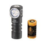 Skilhunt H200 Mini - 18350 Magnetic Rechargeable LED Headlamp shown next to its 18350 battery.