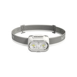 Nitecore UT27 headlamp in white and grey, front view highlighting its powerful dual LEDs.