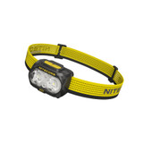 Angled view of the Nitecore UT27 headlamp featuring dual white LEDs and a vibrant yellow adjustable strap.