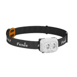 Fenix HL18R-T V2.0 Lightweight 800 lumen rechargeable trail-running headlamp with white body and grey strap, front view.