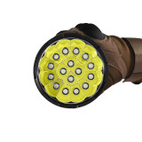 Close-up of the Acebeam X25 flashlight's front, revealing its multiple powerful LED emitters and reflectors.