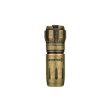 Front view of the Olight i18 Brass Limited Edition Keychain Light, showcasing its compact design.