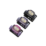 Three Fenix HM55R 1200 Lumen Lightweight Multi-LED Rechargeable Headlights in black, purple, and pink.