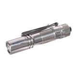 Angled view of a Pokelit AA Titanium flashlight with a pocket clip, showing the front bezel and textured body.