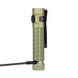 Olight Baton Ultra olive green flashlight charging via USB-C cable plugged into tailcap.