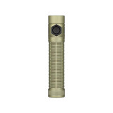 Olight Baton Ultra olive green flashlight, head-on view showing the lens and side switch.