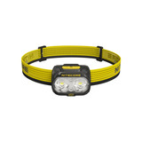 Nitecore UT27 headlamp with yellow strap, showing the front with dual lights.