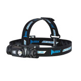 Wuben H1 headlamp from a side-front angle, highlighting the main LED, floodlight, and adjustable strap.