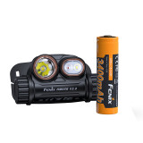 Fenix HM65R V2.0 headlamp unit next to its orange Fenix 3400mAh 18650 rechargeable battery.