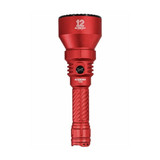 Acebeam T29 Red 12th Anniversary Version flashlight standing upright, front view, showcasing its vibrant red finish.