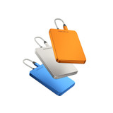 Three Nitecore Pocket5 power banks in orange, silver, and blue, stacked together.