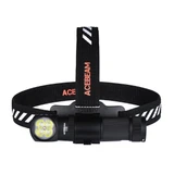 Acebeam H18 headlamp with black and white striped headband, showing the front view of the four bright LEDs.