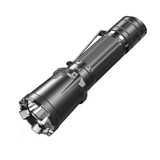 Klarus XT11GT Pro V3 with crenellated bezel, pocket clip, and USB charging port, angled view.