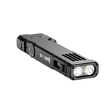 Wuben X5 3-in-1 1300 lumens EDC rechargeable flashlight from front-top-right angle, showing main lights and UV switch.
