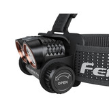 Fenix HM75R Pro - 3500 Lumen 398m Rechargeable Spot, Flood, and Red Magnesium Headlamp, left side battery compartment.