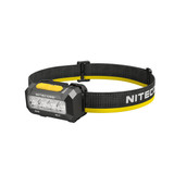 Front right angle view of the nitecore Ha19 headlamp, highlighting its compact design and headband.