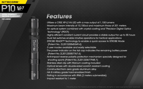 Nitecore P10 V2 Compact 1100 lumen tactical LED torch