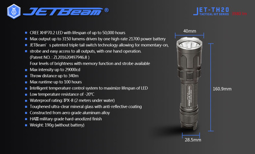 JETBeam JET-TH20 Guardian high performance 3980 lumen USB-C rechargeable tactical torch