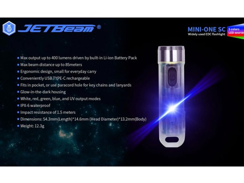 JETBeam MINI ONE SC 400 lumen USB-C rechargeable 365nm UV Light + RBG keychain light