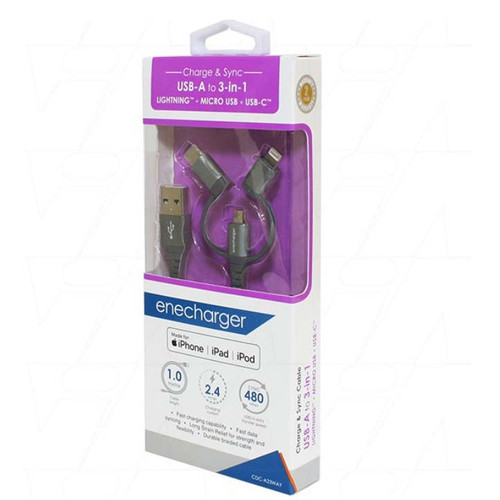 Enecharger 3-in-1 USB charging cable - USB-A to lightning, Micro USB, USB-C - CDC-A23WAY 