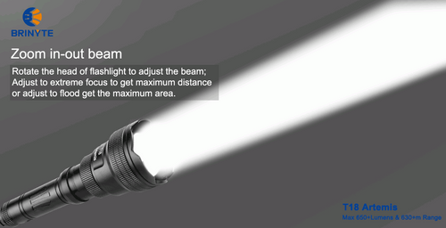 Brinyte T18 zoomable 650 lumen hunting torch with multicoloured LED options