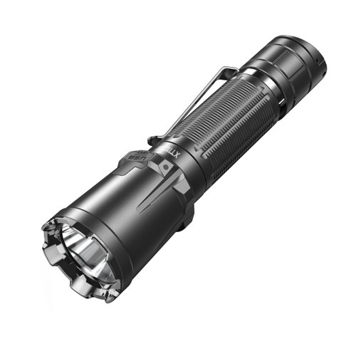 Klarus XT11 Pro tactical flashlight shown at an angle, highlighting its textured body and pocket clip.