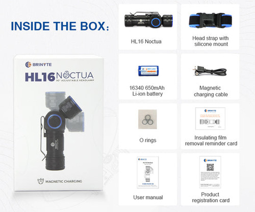 Brinyte HL16 Noctua adjustable 520 lumen rechargeable headlamp & right angle light